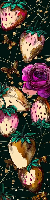 Free strawberry bookmark featuring a dark strawberry with a magenta flower